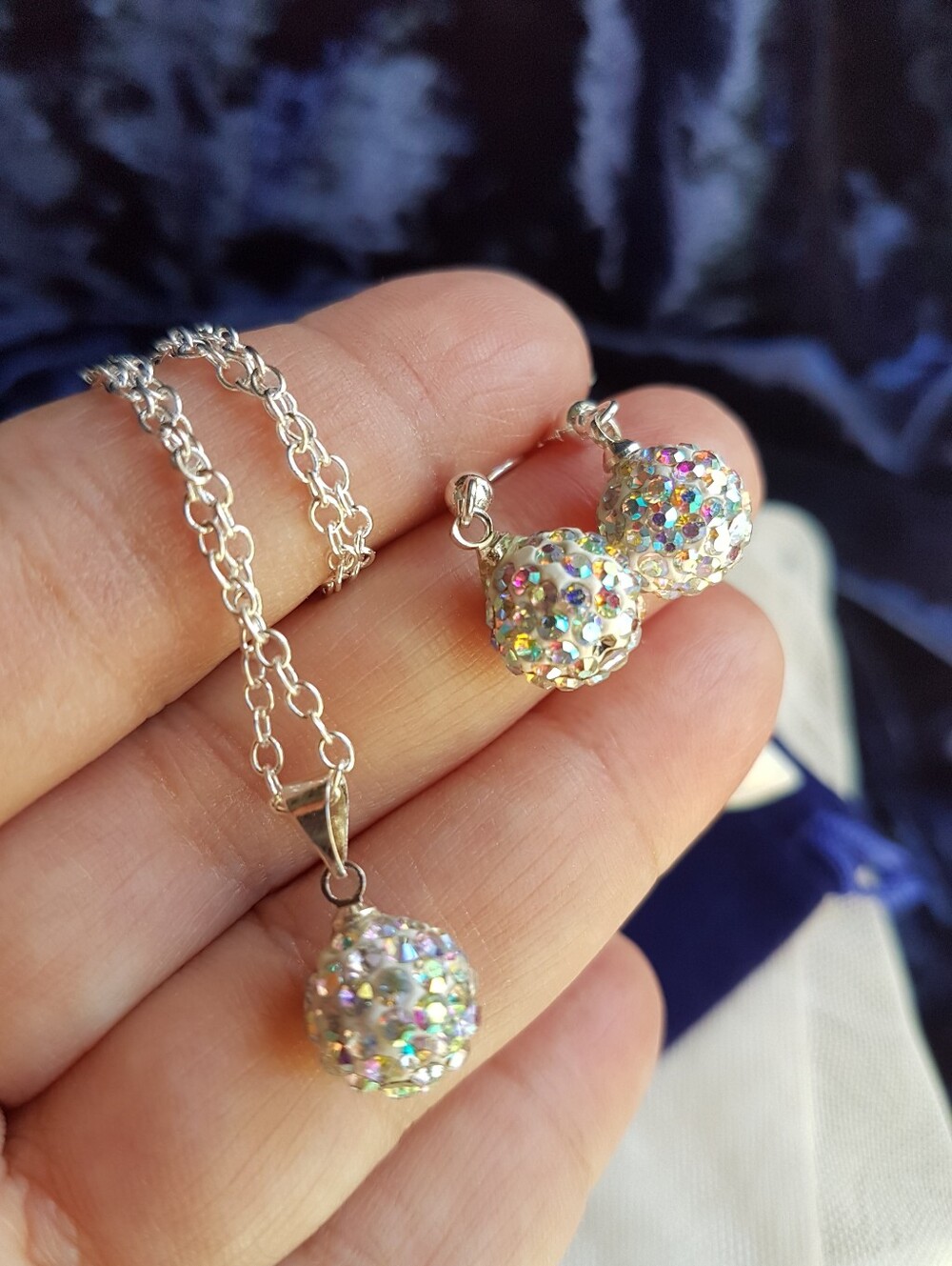 Swarovski Elements 925 Sterling Silver Aurora Borealis Disco Ball Necklace NEW - Picture 7 of 16